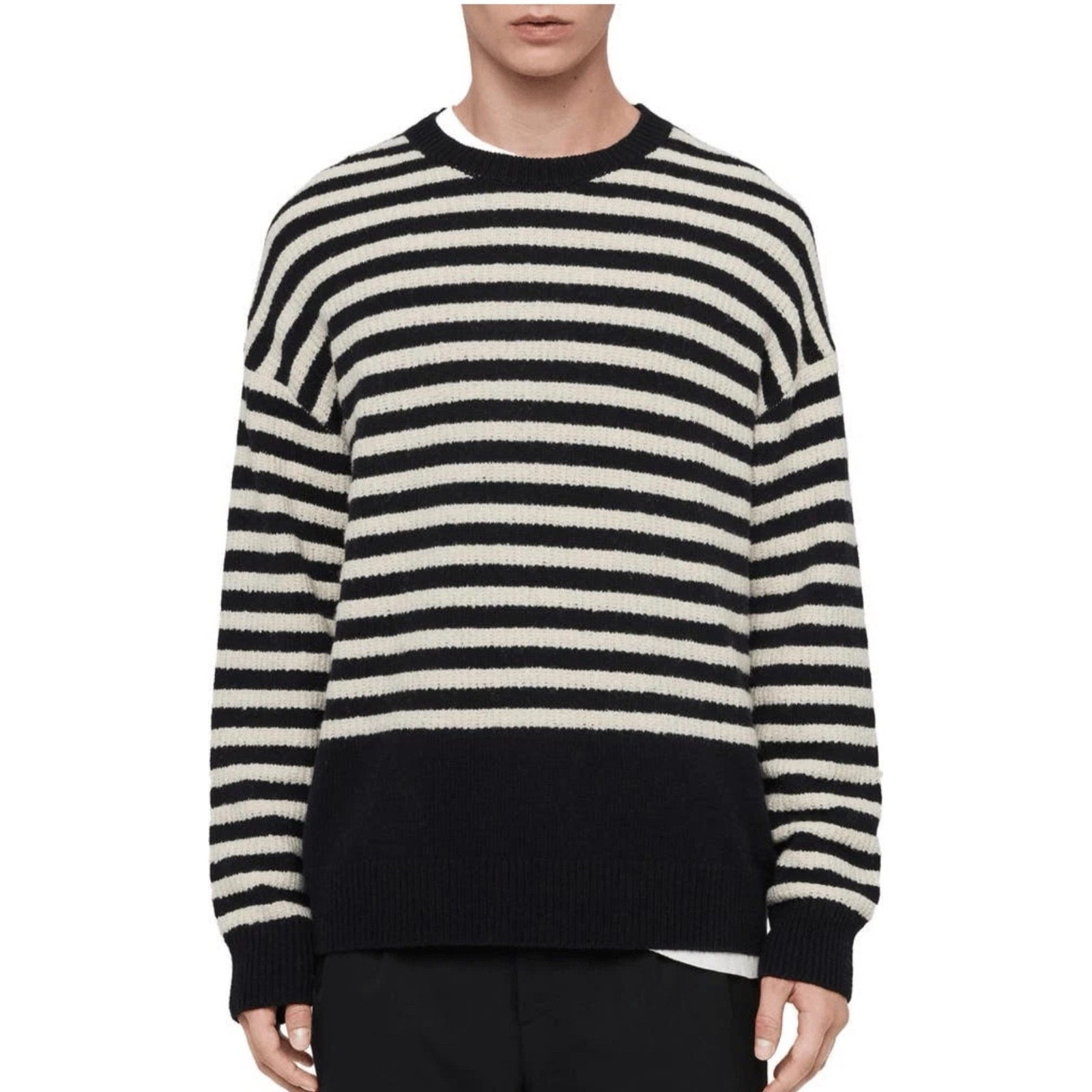 Allsaints Keet Crew Striped Oversized Knit Sweater Black White Large Mk011r